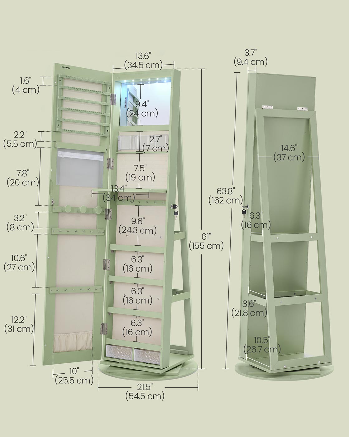 6 LEDs Lockable Mirror Jewelry Cabinet Laurel Green Surface Cream White Lining
