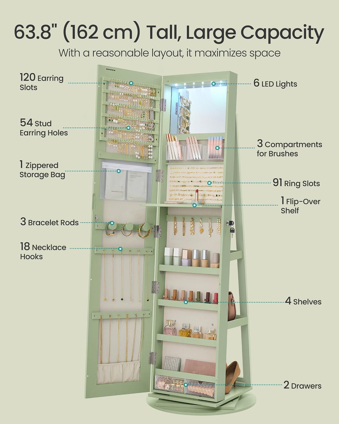 6 LEDs Lockable Mirror Jewelry Cabinet Laurel Green Surface Cream White Lining