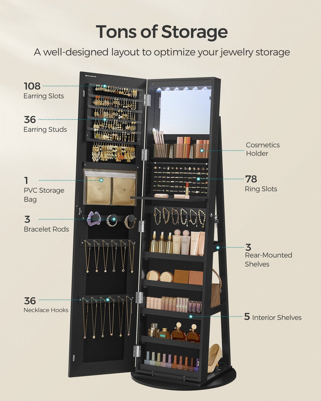 LED Mirror Jewelry Cabinet Standing - Ink Black
