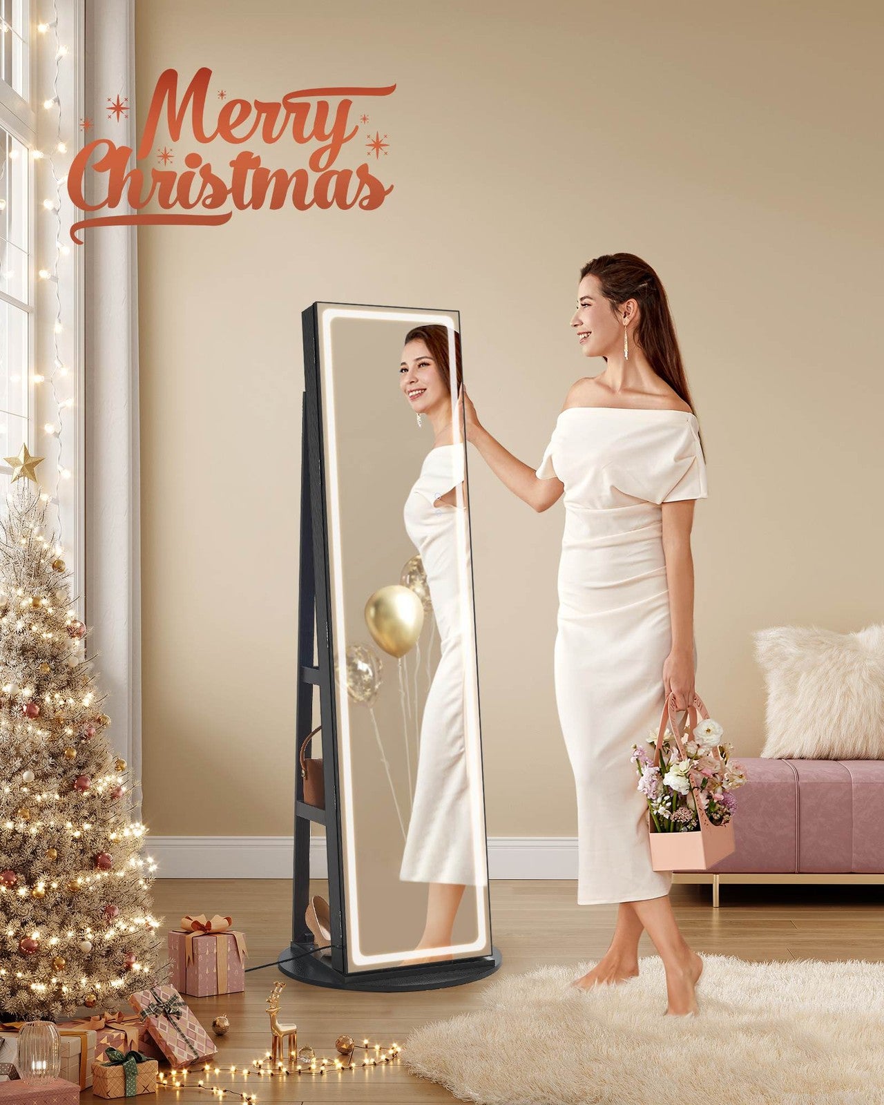 LED Mirror Jewelry Cabinet Standing - Ink Black