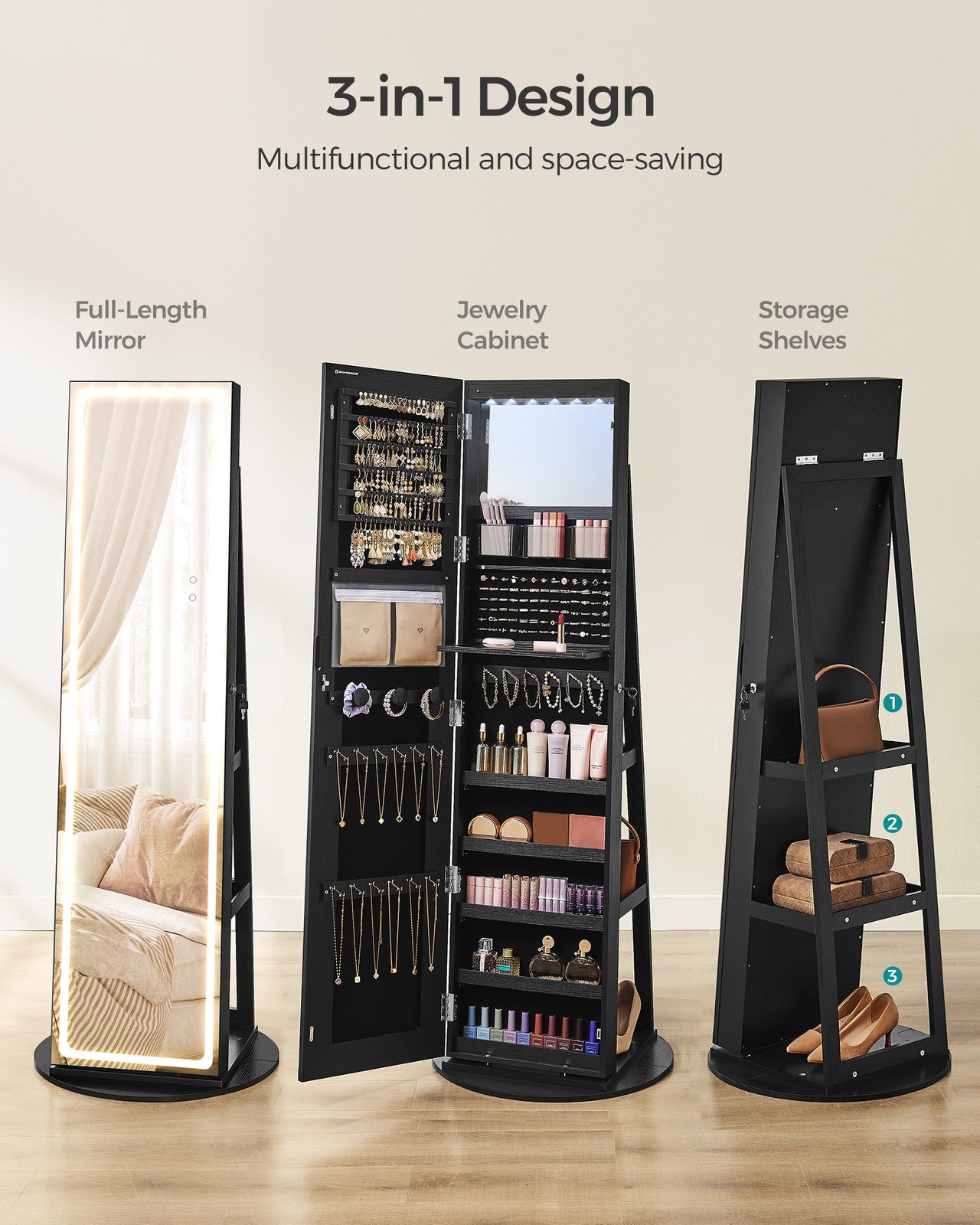 LED Mirror Jewelry Cabinet Standing - Ink Black