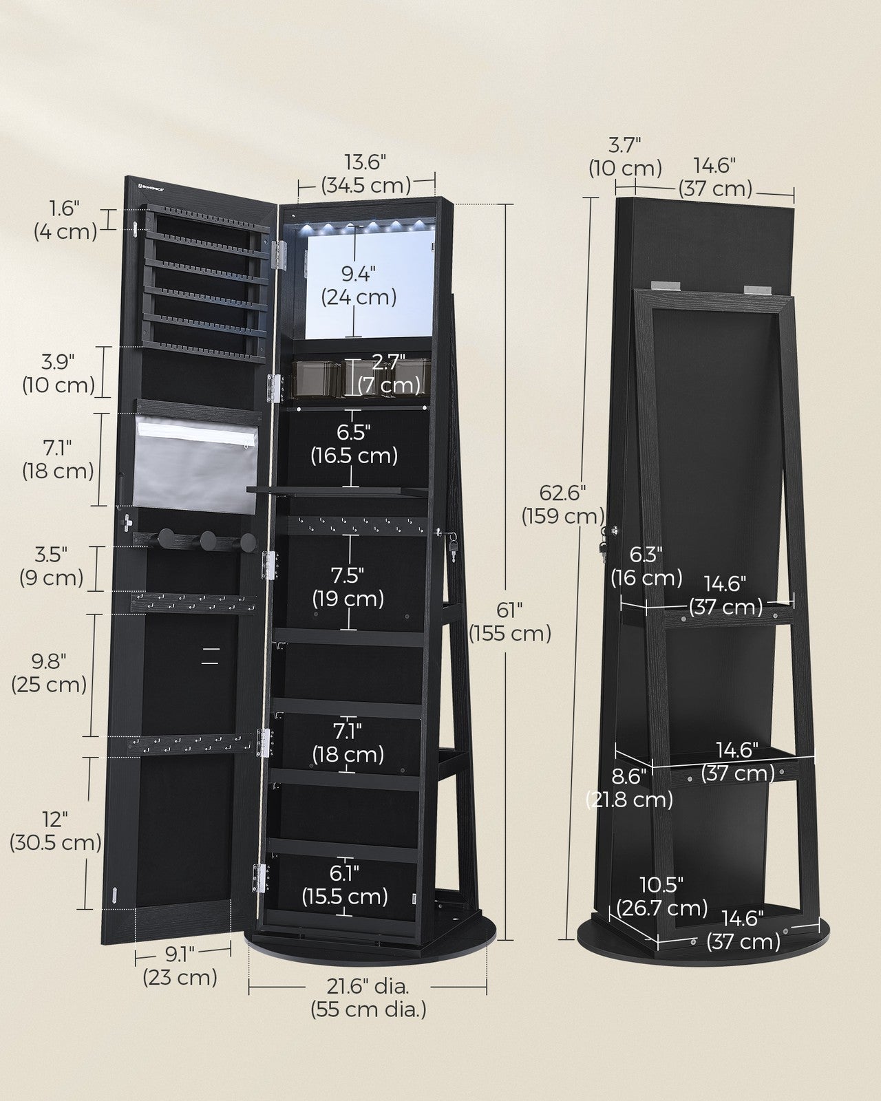 LED Mirror Jewelry Cabinet Standing - Ink Black