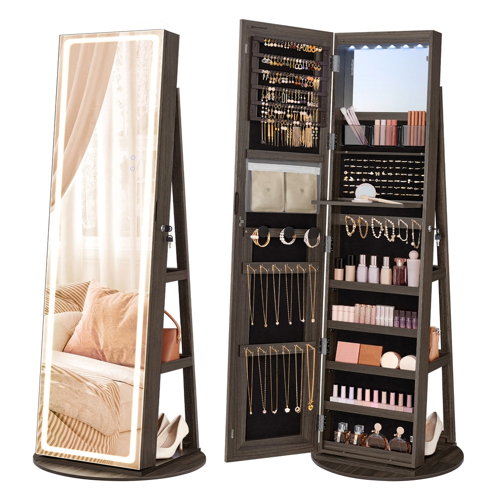 LED Mirror Jewelry Cabinet Standing - Ash Brown