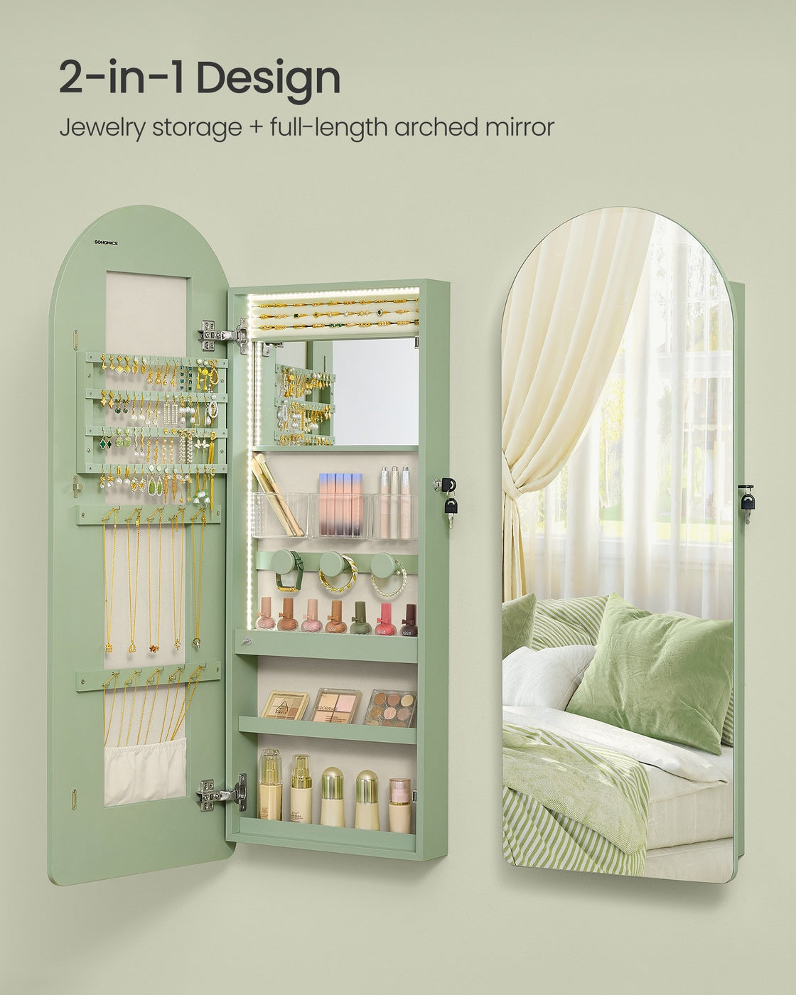 Wide LED Jewelry Cabinet Wall/Door Mounted - Laurel Green