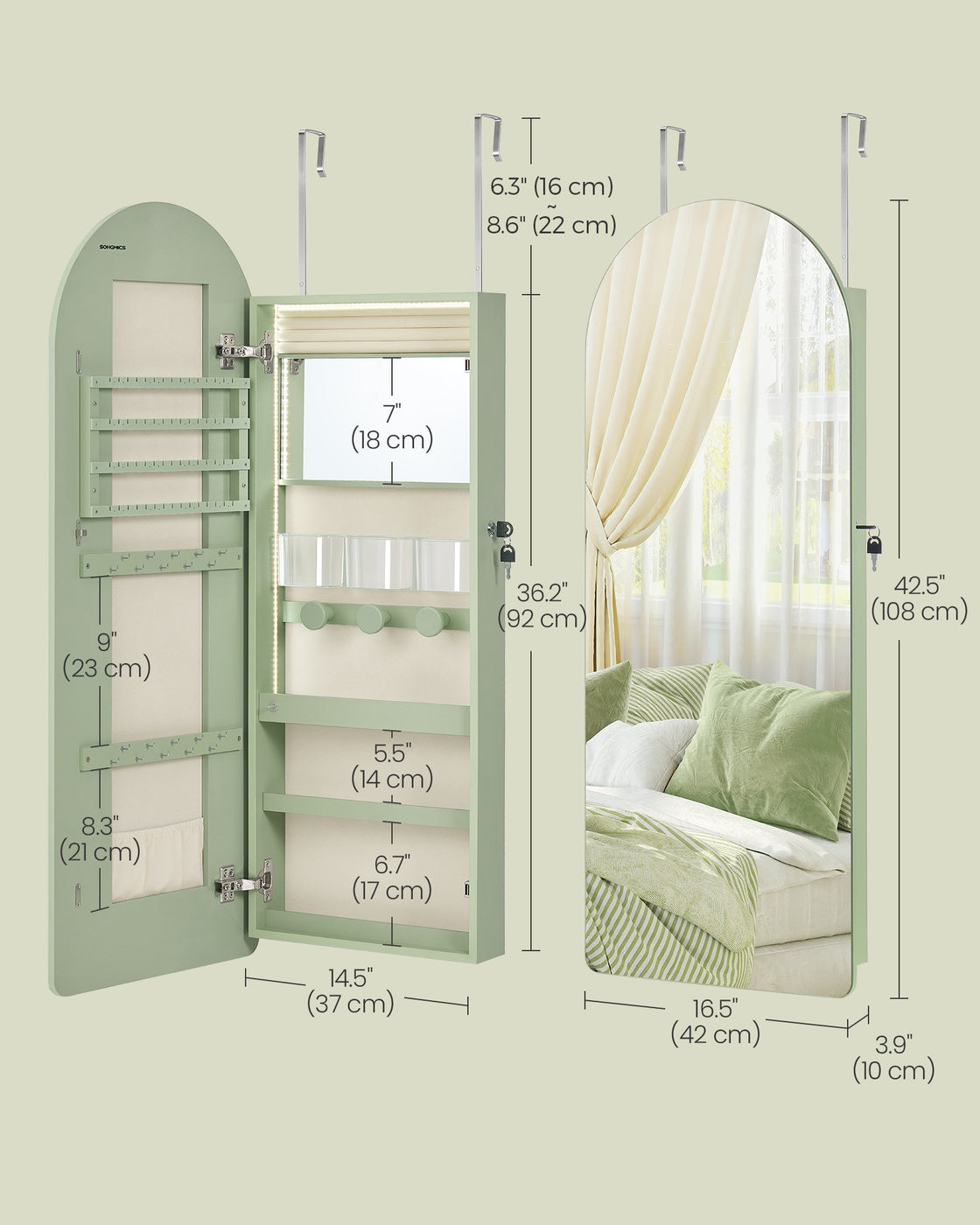 Wide LED Jewelry Cabinet Wall/Door Mounted - Laurel Green