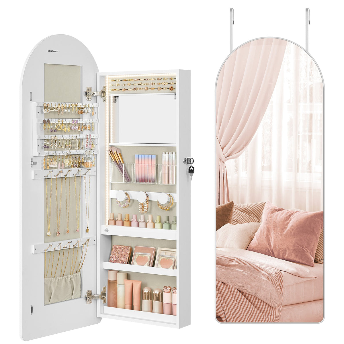 Wide LED Jewelry Cabinet - Wall/Door Mounted - Lockable