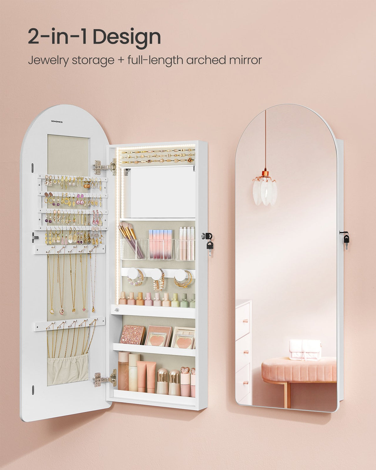 Wide LED Jewelry Cabinet - Wall/Door Mounted - Lockable