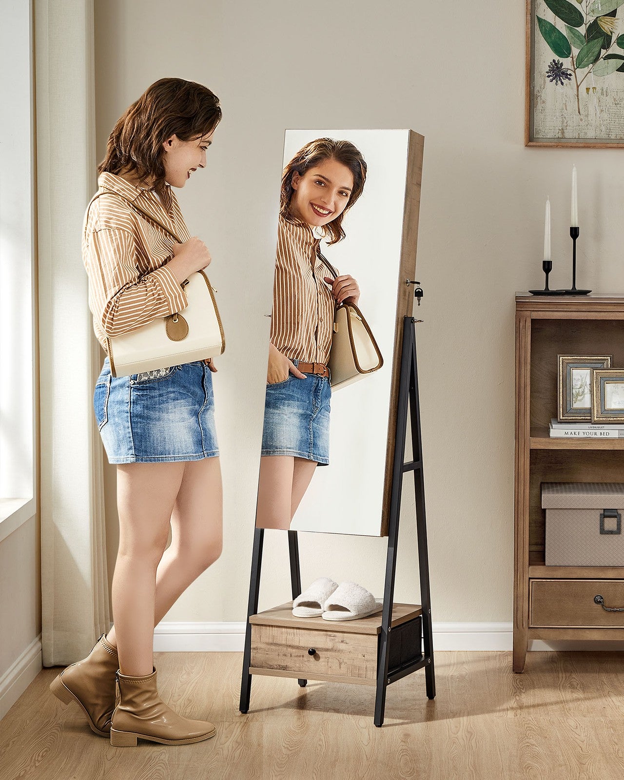 LED Mirror Jewelry Cabinet Standing with Full-Length Mirror - Toasted Oak