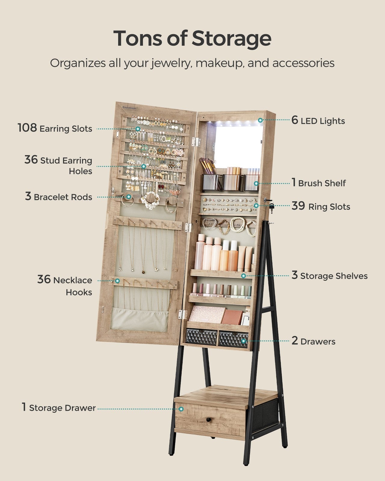 LED Mirror Jewelry Cabinet Standing with Full-Length Mirror - Toasted Oak