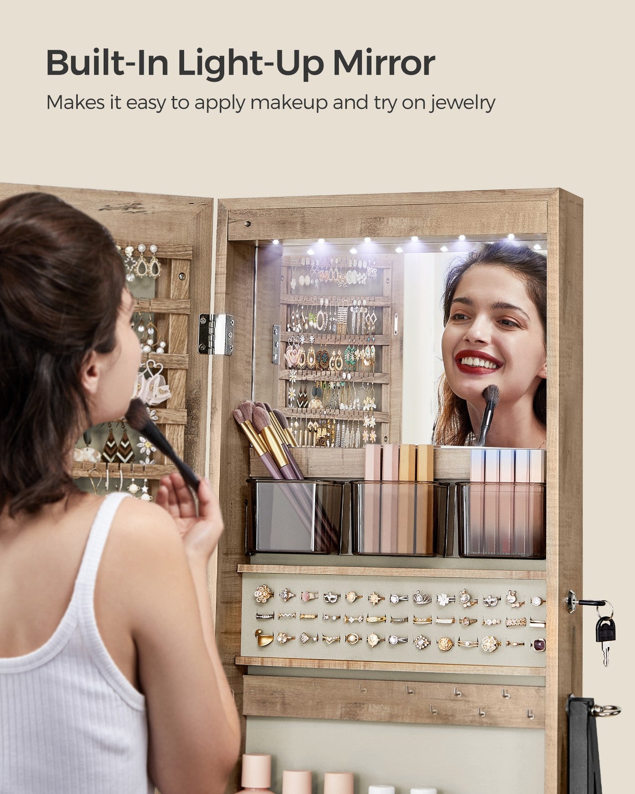 LED Mirror Jewelry Cabinet Standing with Full-Length Mirror - Toasted Oak