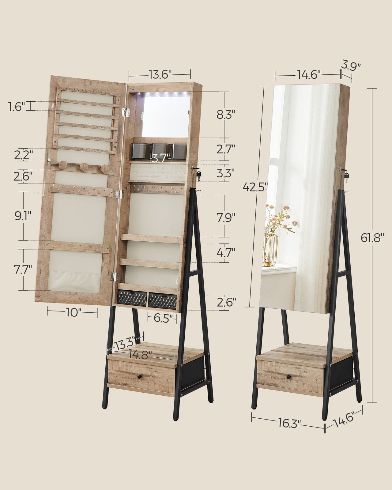 LED Mirror Jewelry Cabinet Standing with Full-Length Mirror - Toasted Oak