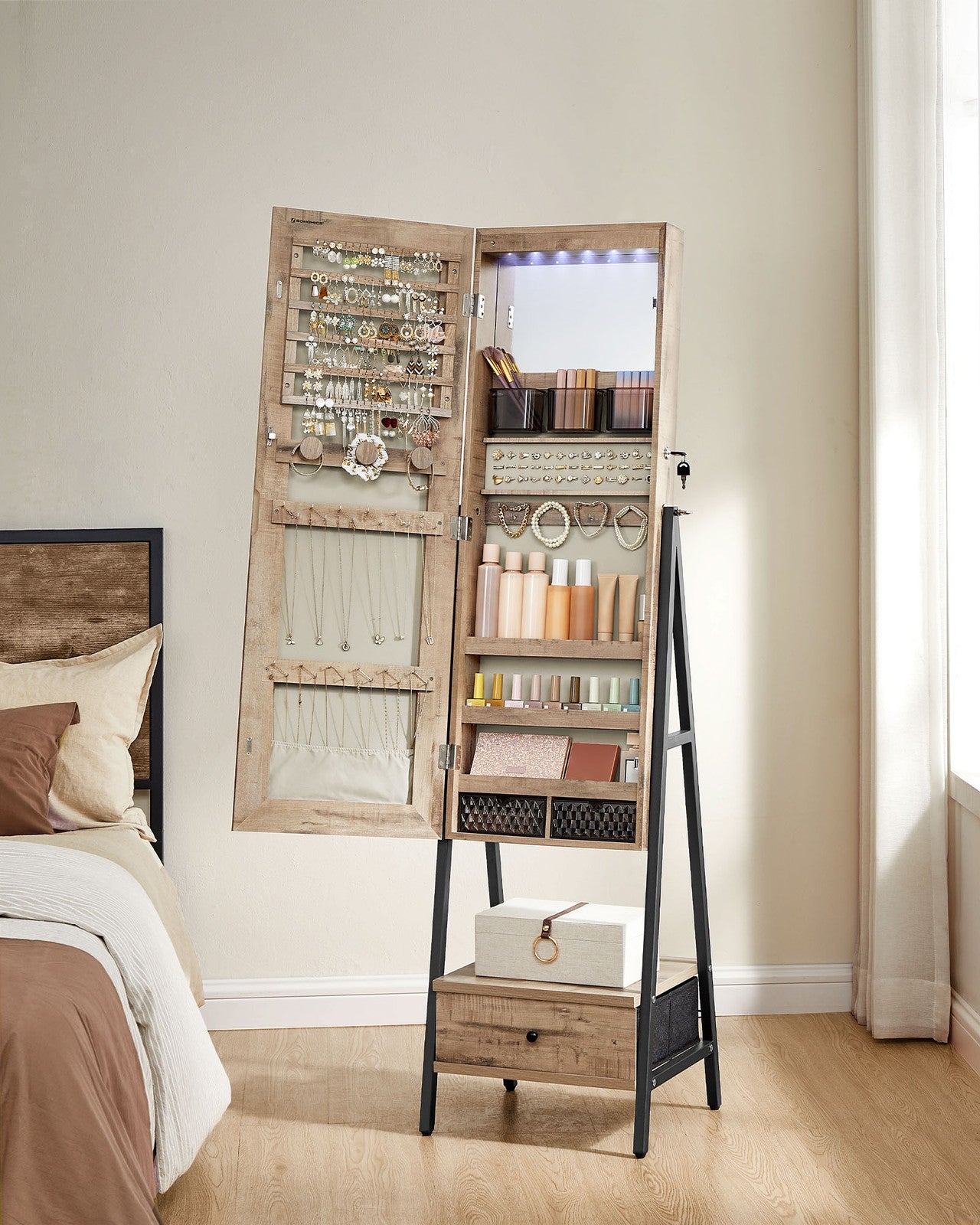 LED Mirror Jewelry Cabinet Standing with Full-Length Mirror - Toasted Oak