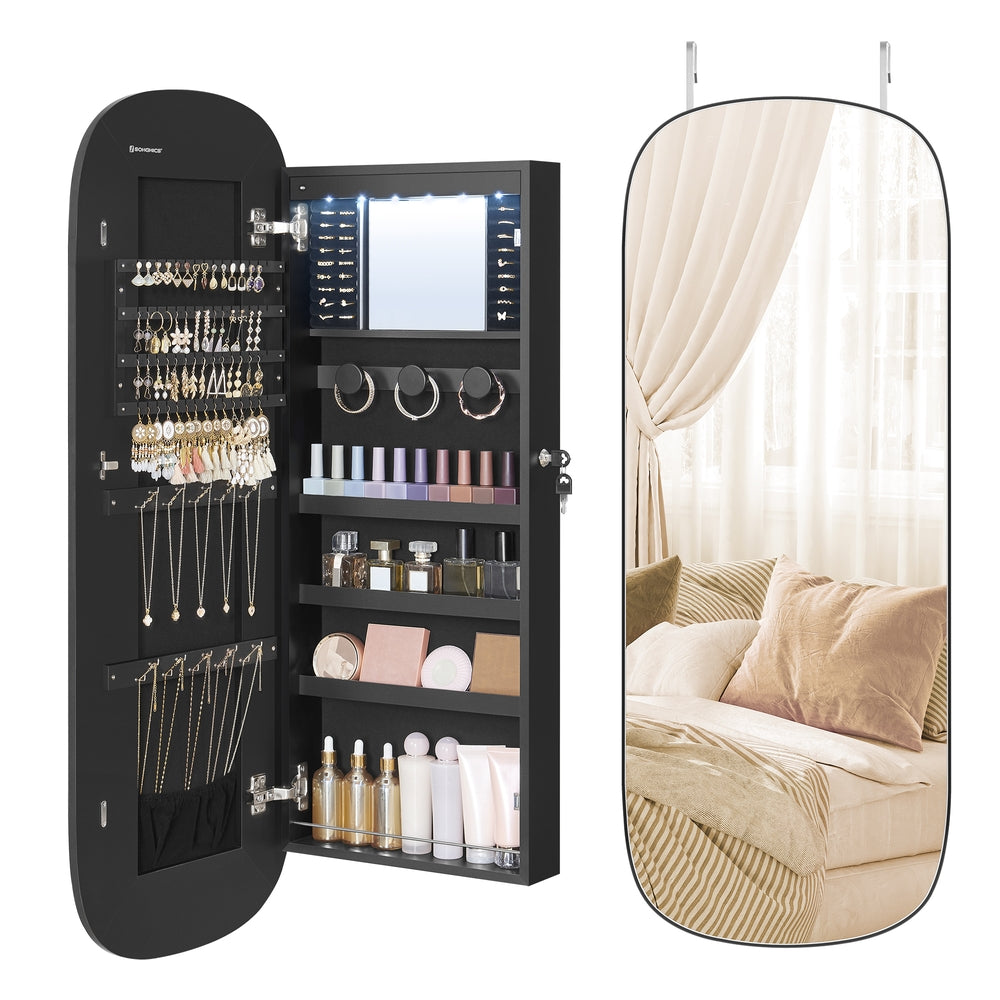 LED Jewelry Cabinet Wall or Door Mounted - Black Surface, Greige Lining