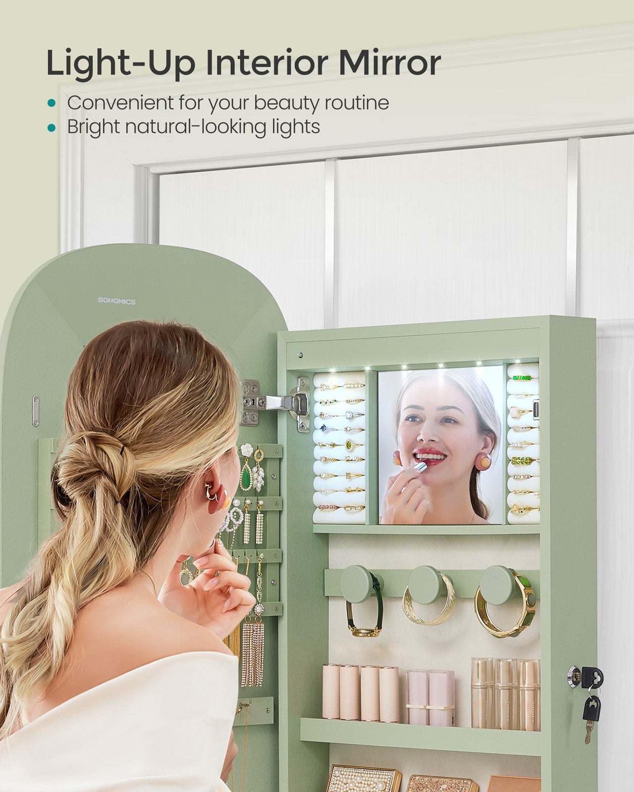 LED Jewelry Cabinet Wall or Door Mounted - Laurel Green Surface, Cream White Lining