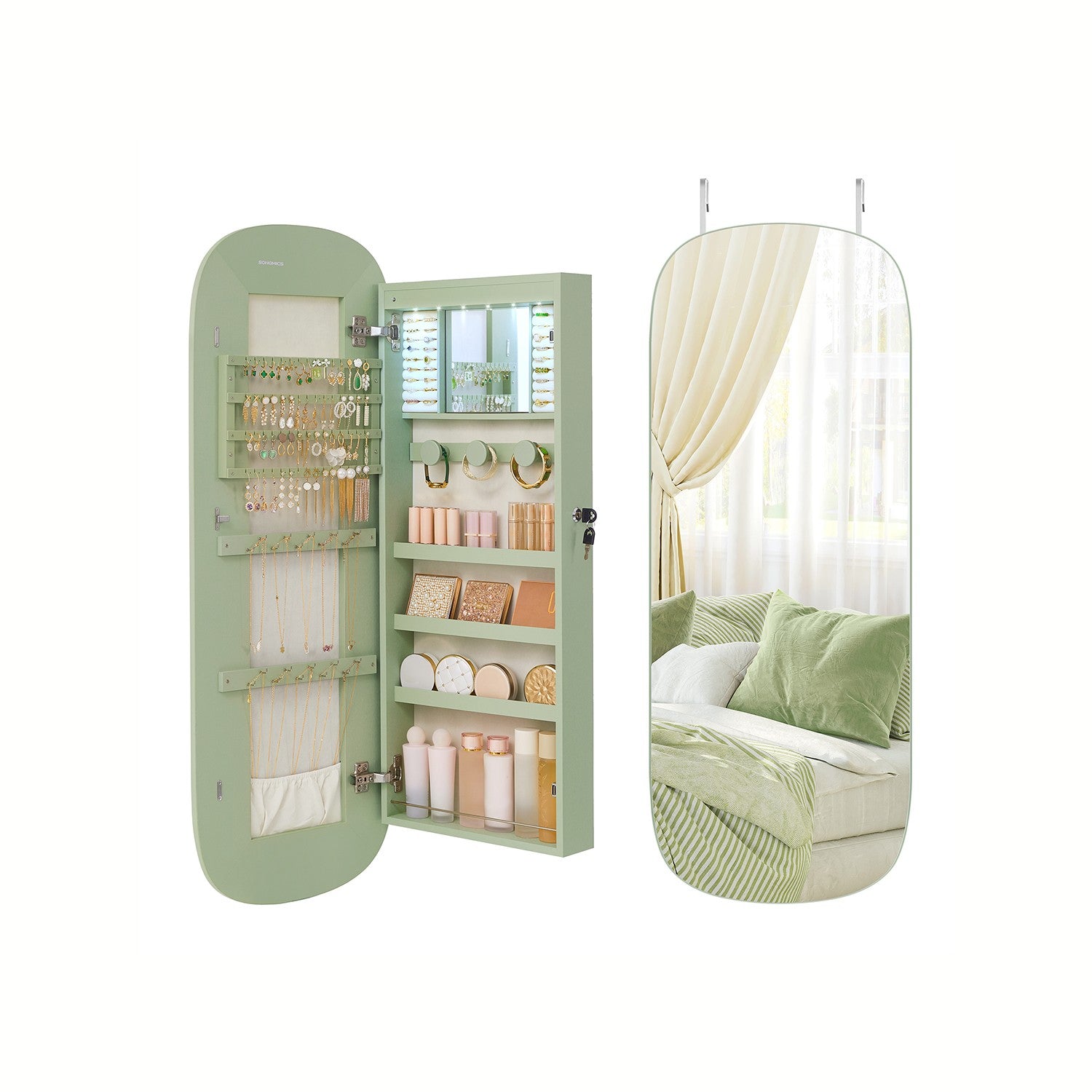 LED Jewelry Cabinet Wall or Door Mounted - Laurel Green Surface, Cream White Lining