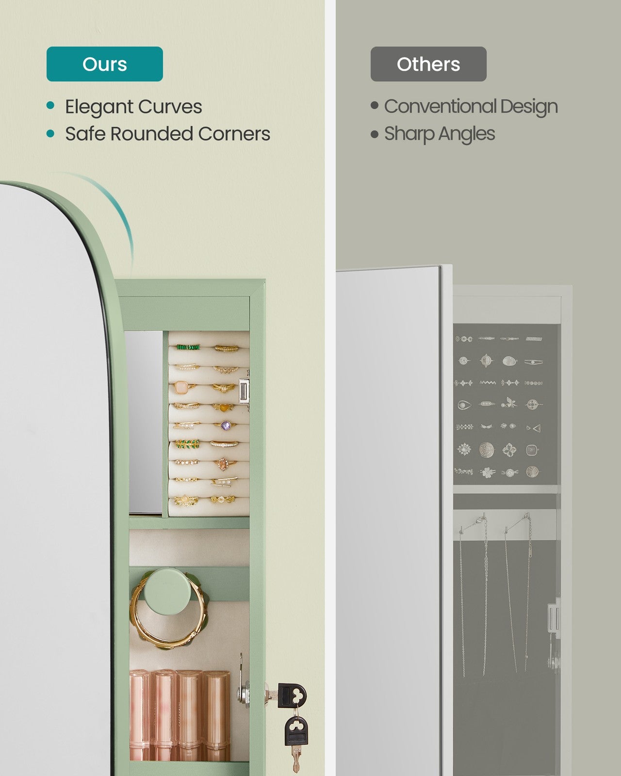 LED Jewelry Cabinet Wall or Door Mounted - Laurel Green Surface, Cream White Lining