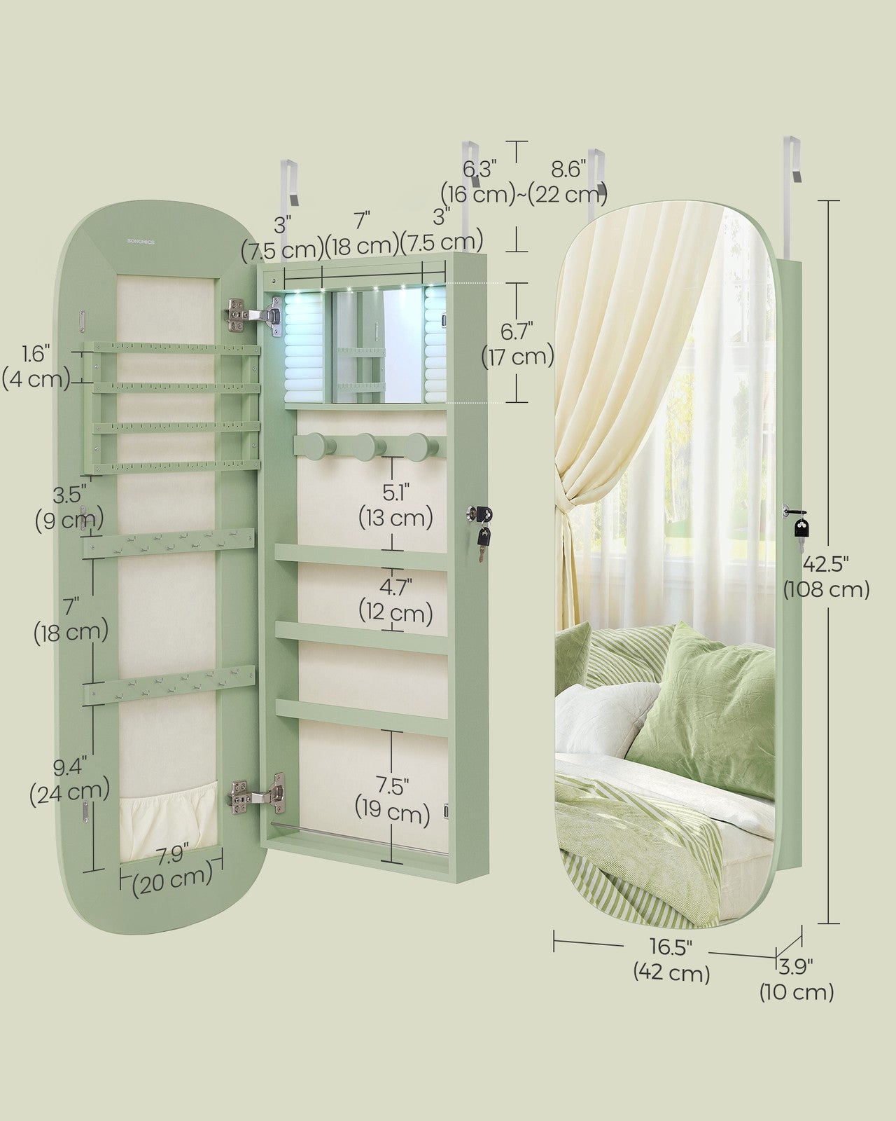 LED Jewelry Cabinet Wall or Door Mounted - Laurel Green Surface, Cream White Lining