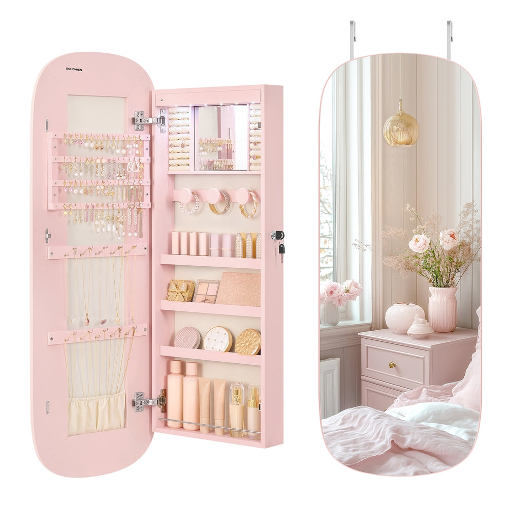 LED Jewelry Cabinet Wall/Door Mounted Jelly Pink Surface with Cream White Lining