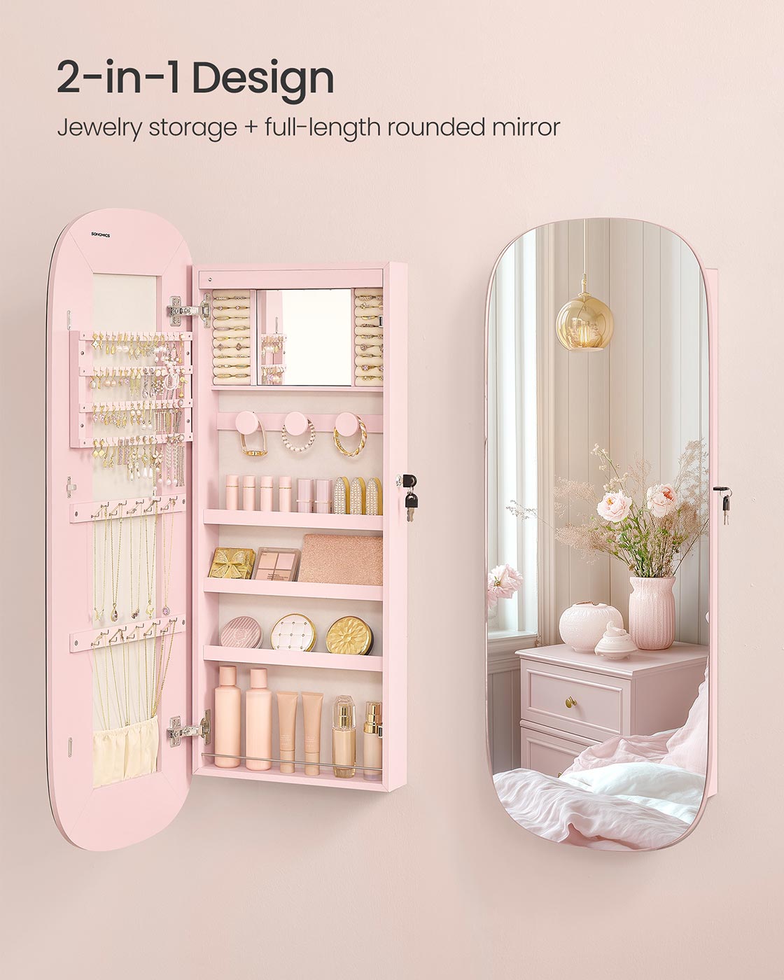 LED Jewelry Cabinet Wall/Door Mounted Jelly Pink Surface with Cream White Lining