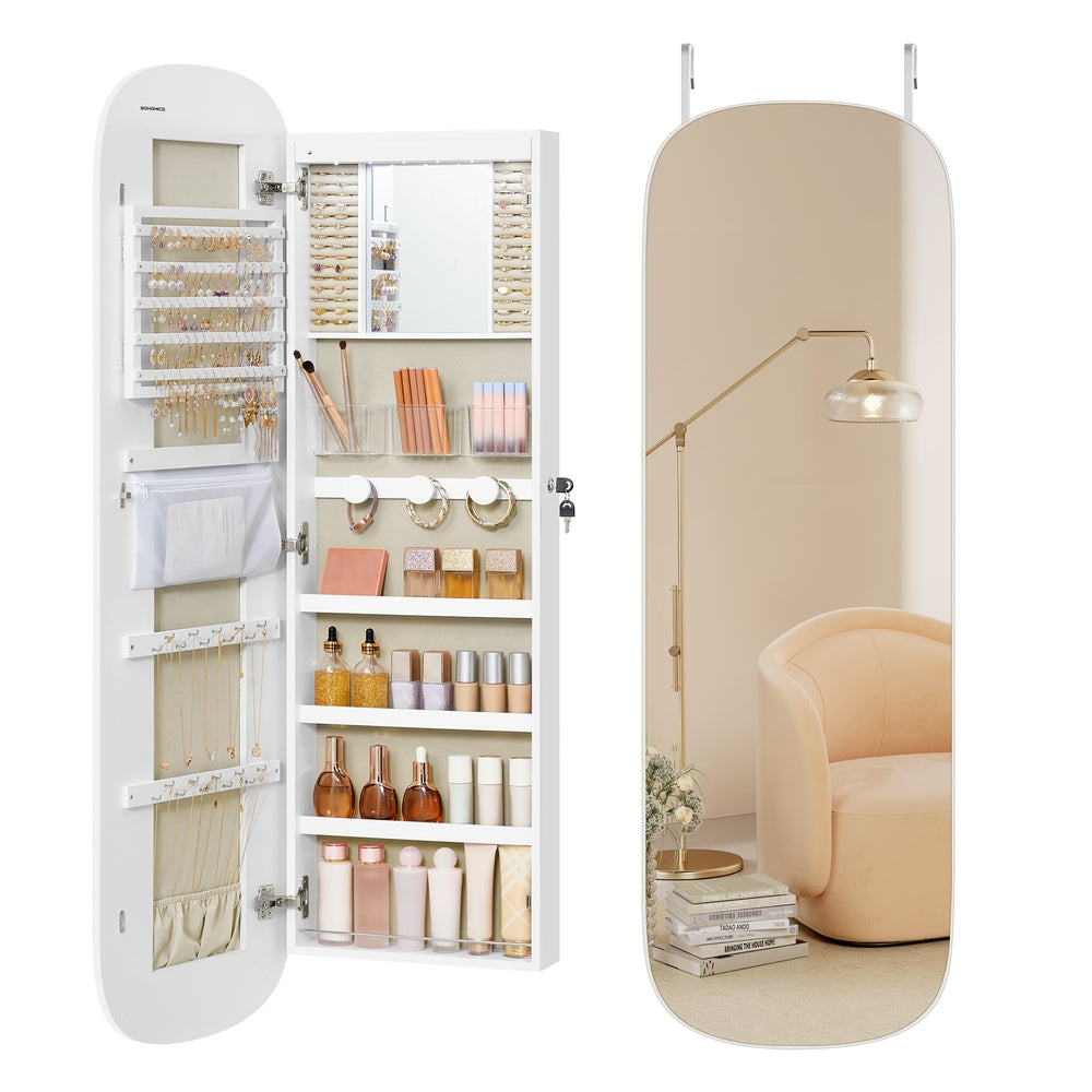 Jewelry Organizer - LED Jewelry Cabinet Wall/Door Mounted - 3.9 x 16.5 x 55 Inches - White Surface with Greige Lining