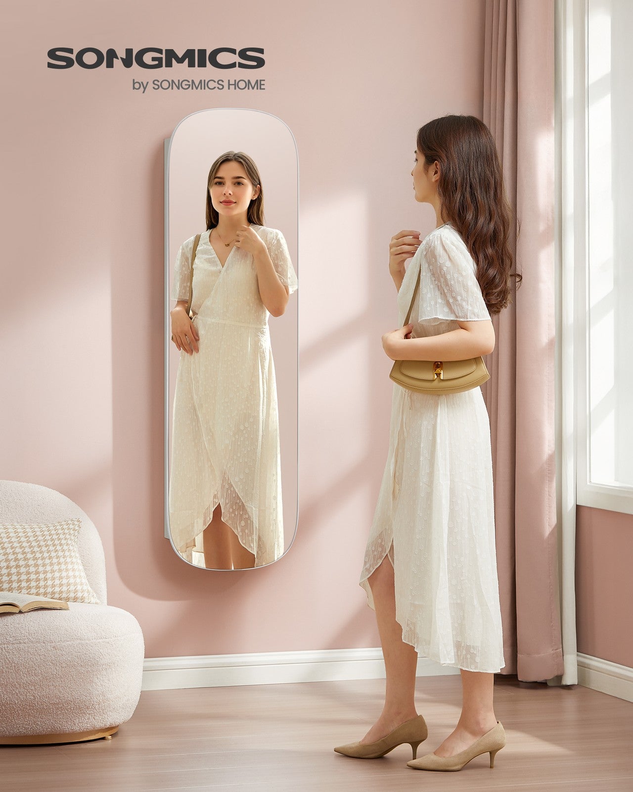 Jewelry Organizer - LED Jewelry Cabinet Wall/Door Mounted - 3.9 x 16.5 x 55 Inches - White Surface with Greige Lining