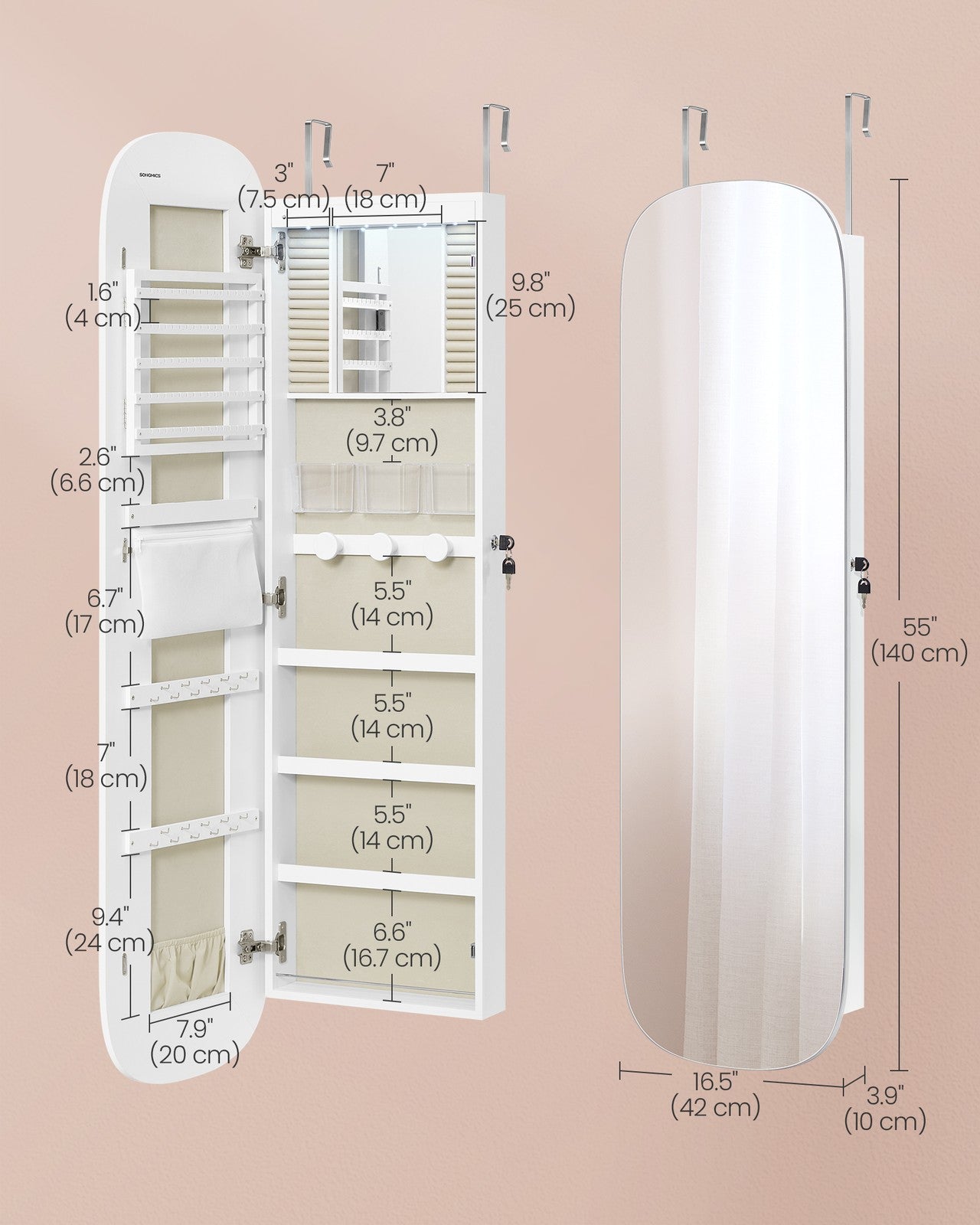 Jewelry Organizer - LED Jewelry Cabinet Wall/Door Mounted - 3.9 x 16.5 x 55 Inches - White Surface with Greige Lining