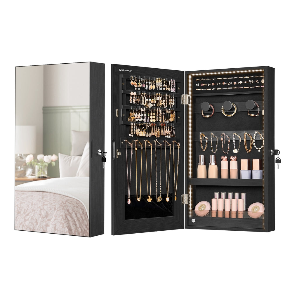 Mirror Jewelry Cabinet Armoire with Built-in LED Lights - Black