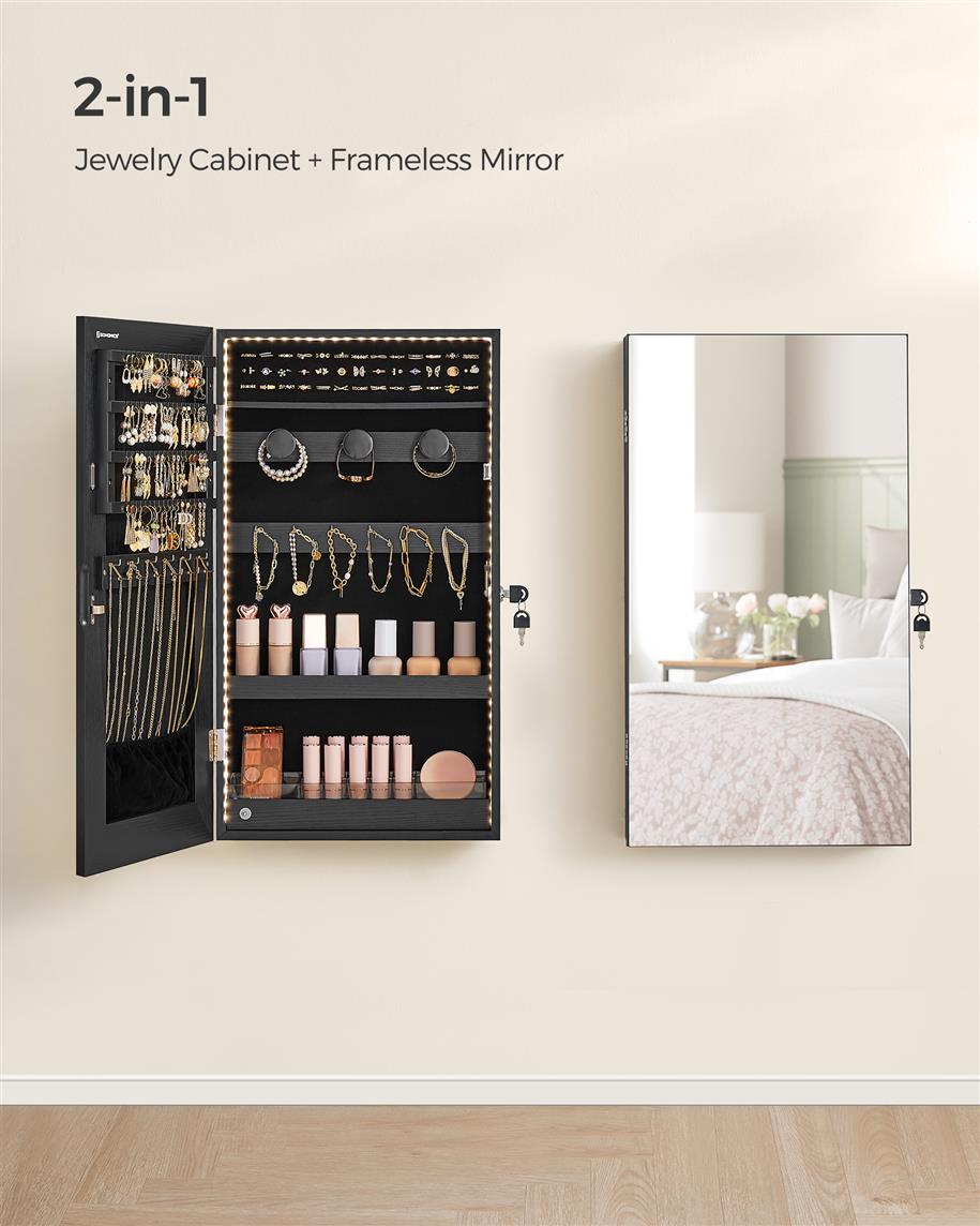 Mirror Jewelry Cabinet Armoire with Built-in LED Lights - Black