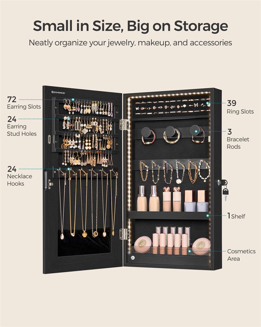 Mirror Jewelry Cabinet Armoire with Built-in LED Lights - Black