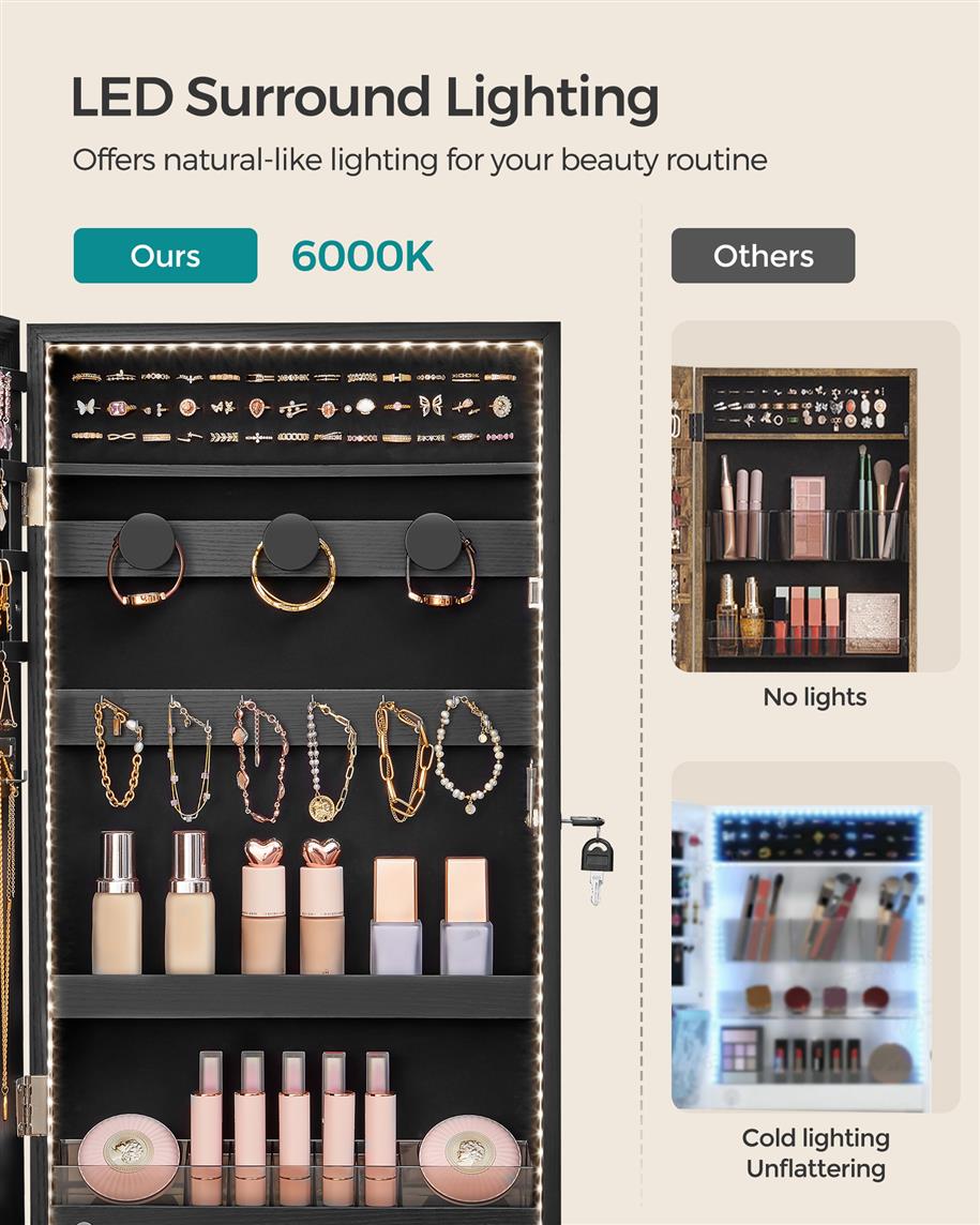 Mirror Jewelry Cabinet Armoire with Built-in LED Lights - Black