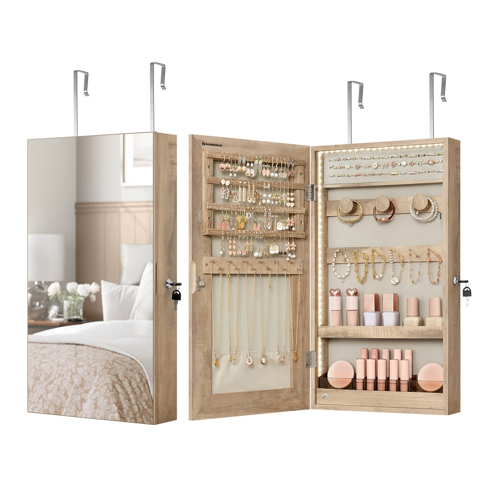 Mirror Jewelry Cabinet Armoire with Built-in LED Lights - Camel Brown