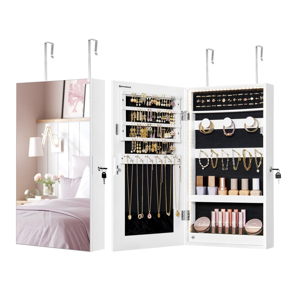 Mirror Jewelry Cabinet Armoire with Built-in LED Lights - White