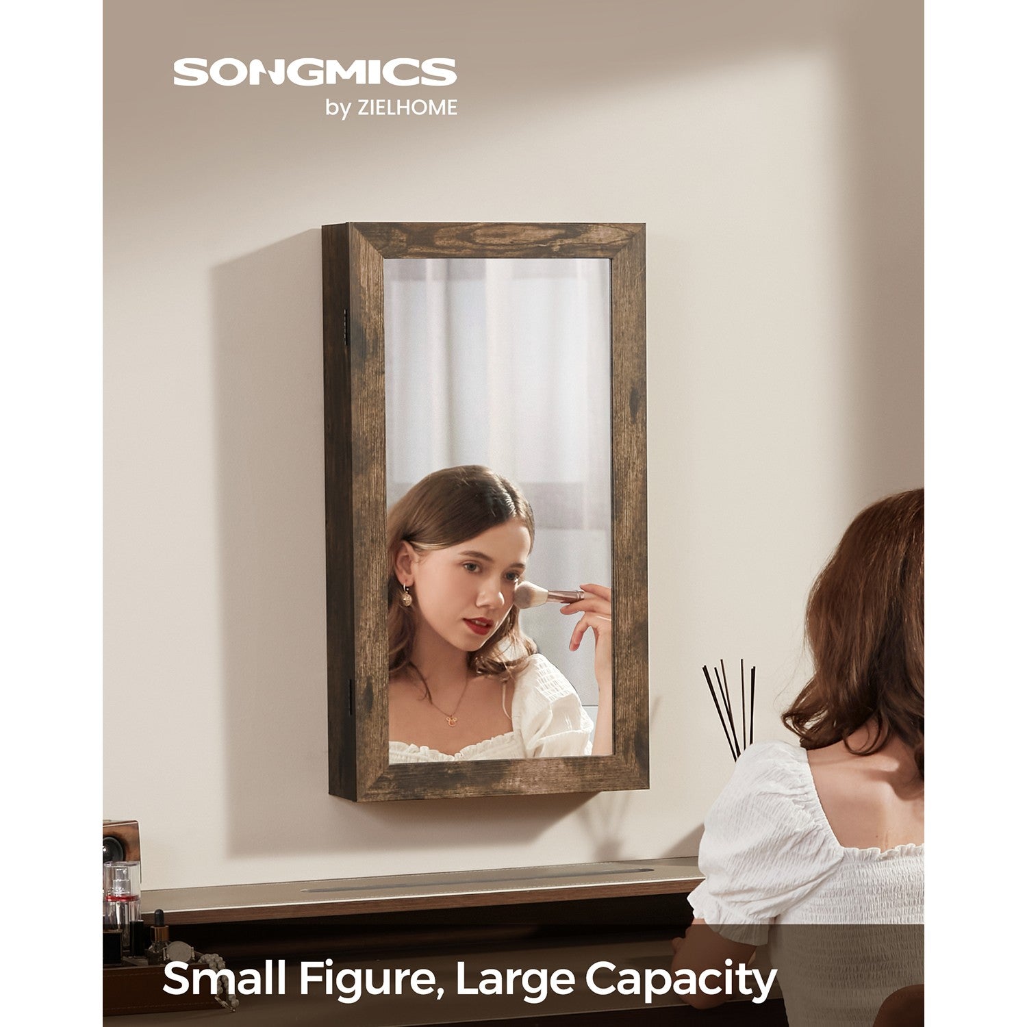 Lockable Jewelry Cabinet Armoire with Mirror - Rustic Brown