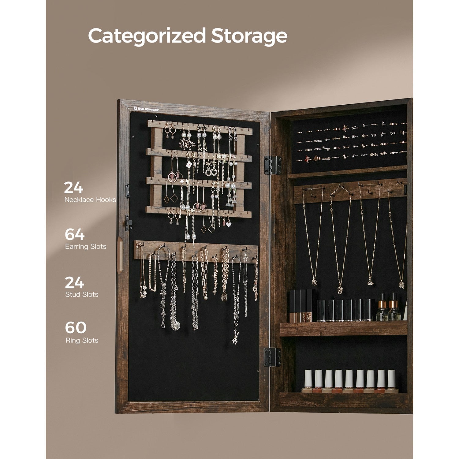 Lockable Jewelry Cabinet Armoire with Mirror - Rustic Brown