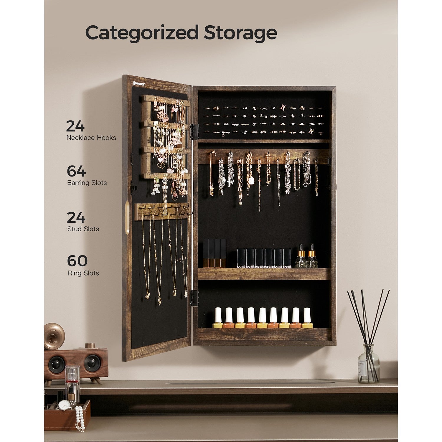 Lockable Jewelry Cabinet Armoire with Mirror - Rustic Brown