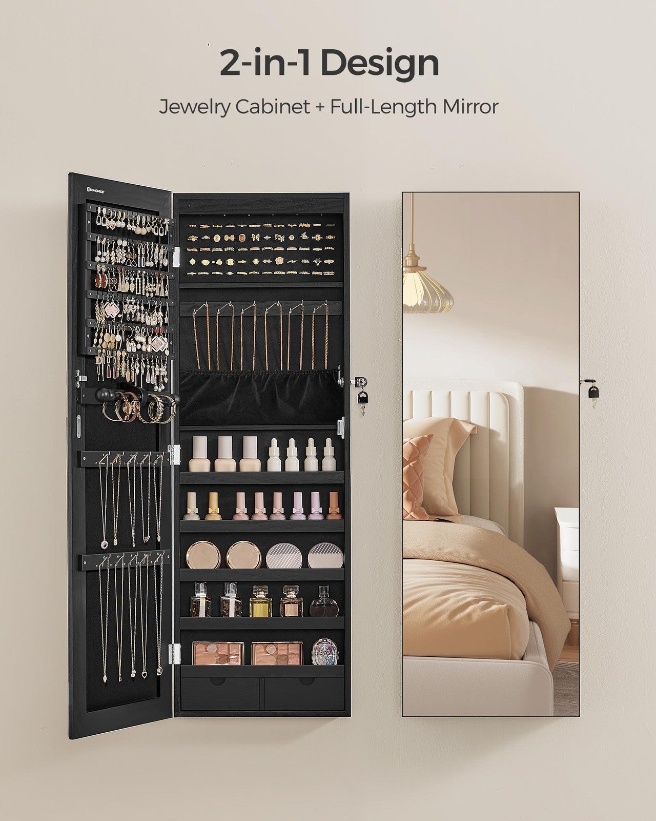 Hanging Jewelry Cabinet with LED Lights - Ink Black