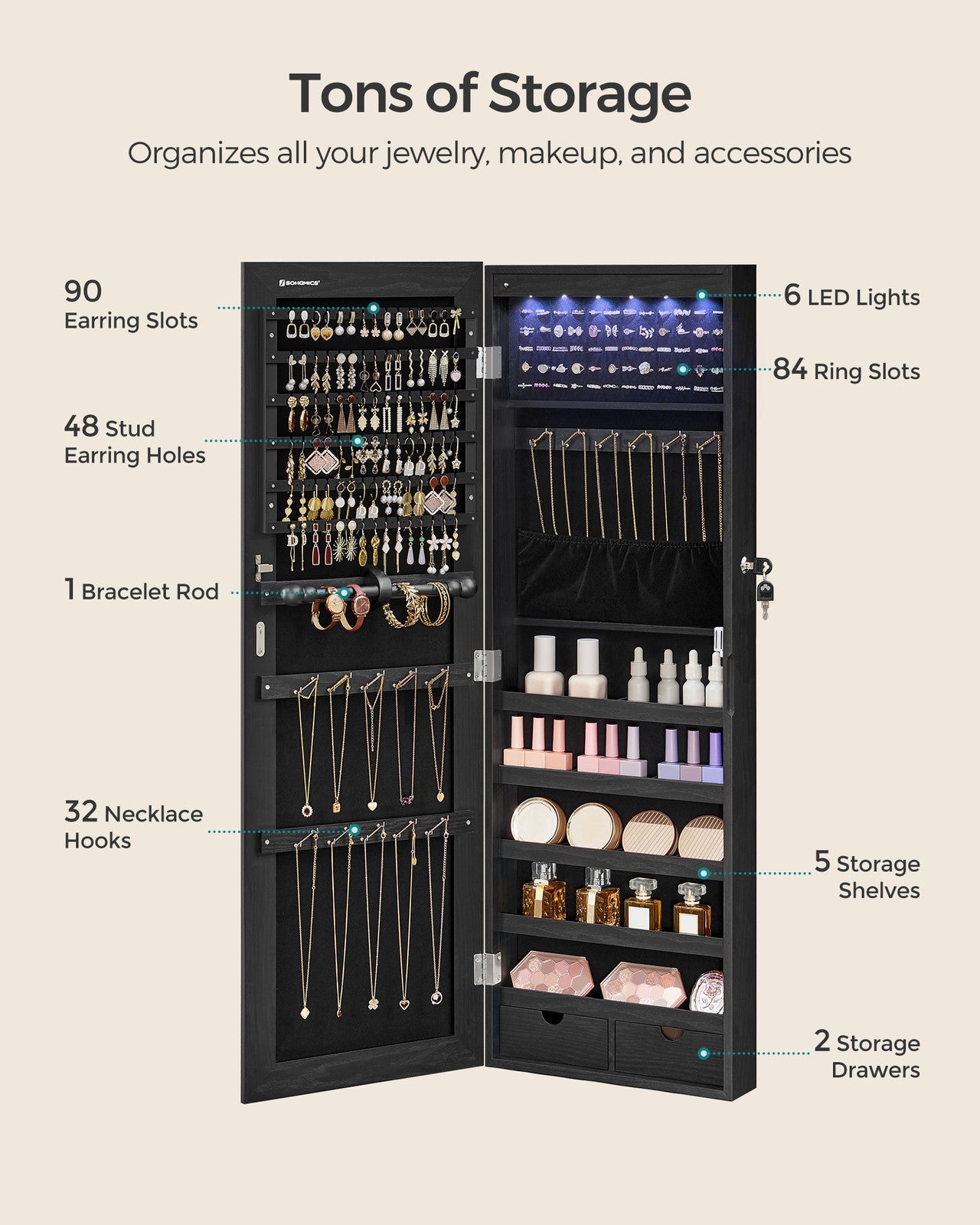 Hanging Jewelry Cabinet with LED Lights - Ink Black