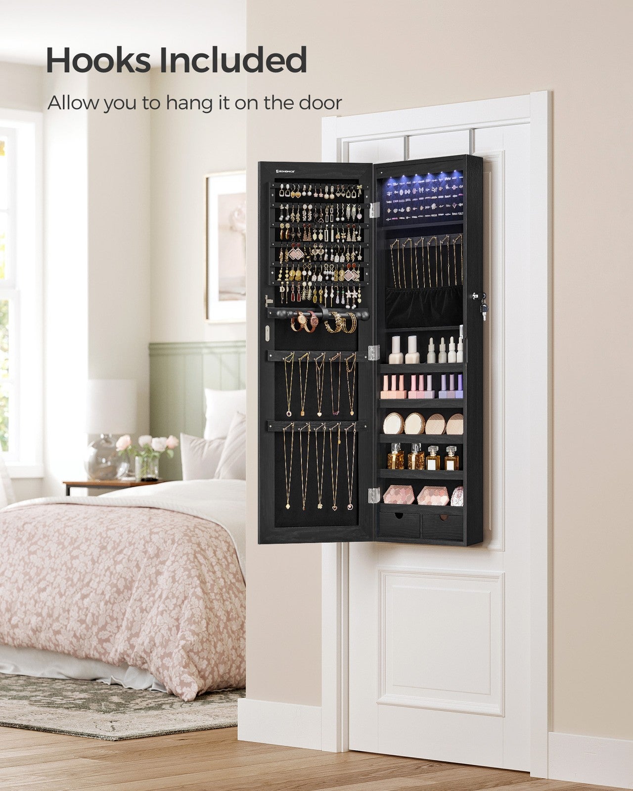 Hanging Jewelry Cabinet with LED Lights - Ink Black