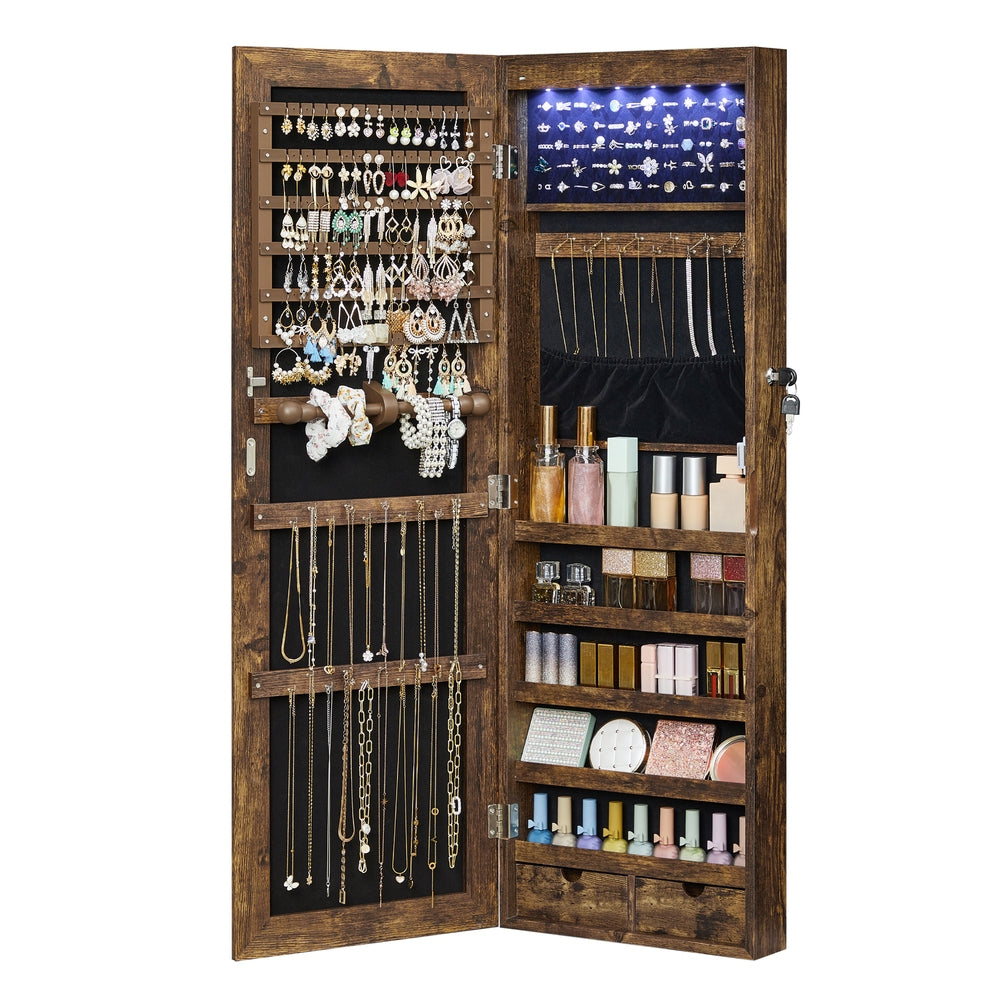 Hanging Jewelry Cabinet with LED Lights - Rustic Brown