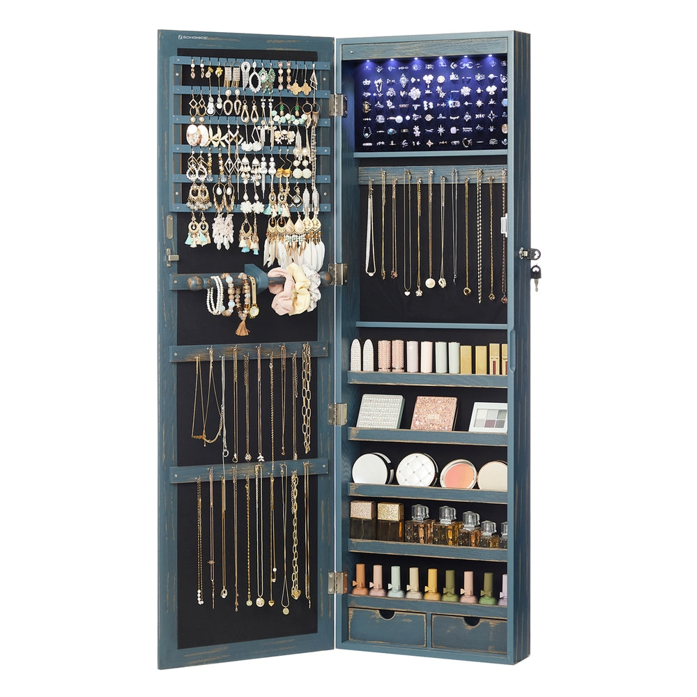 Lockable Wall or Door Mounted Jewelry Armoire Organizer with Mirror - Rustic Blue
