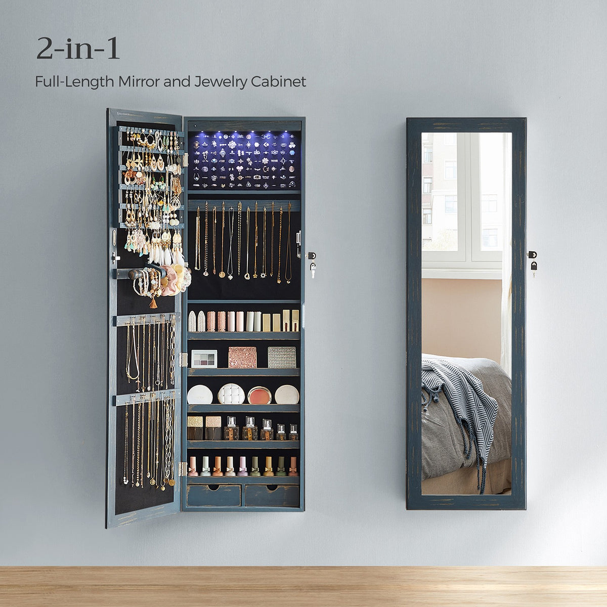 Jewelry Armoire - Lockable - Wall or Door Mounted - With Mirror