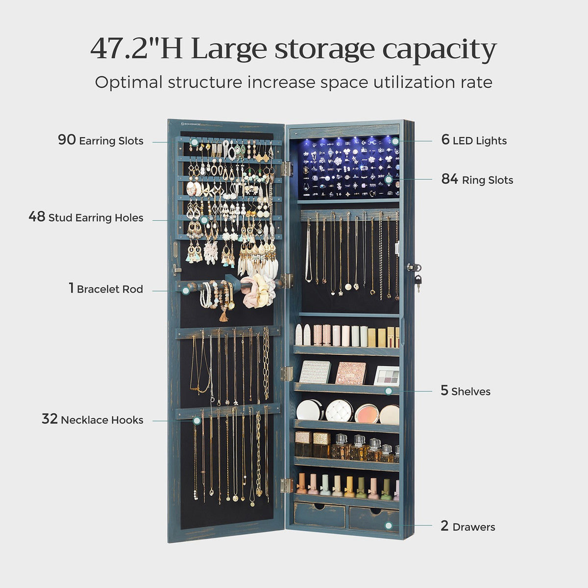 Jewelry Armoire - Lockable - Wall or Door Mounted - With Mirror