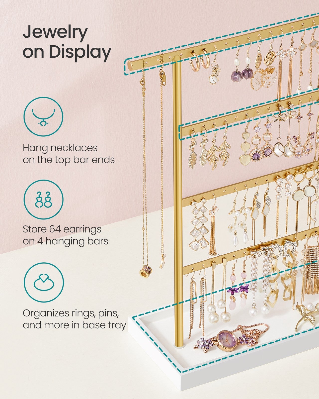 4-Tier Earring Holder Organizer Stand White and Gold Color - White, Gold