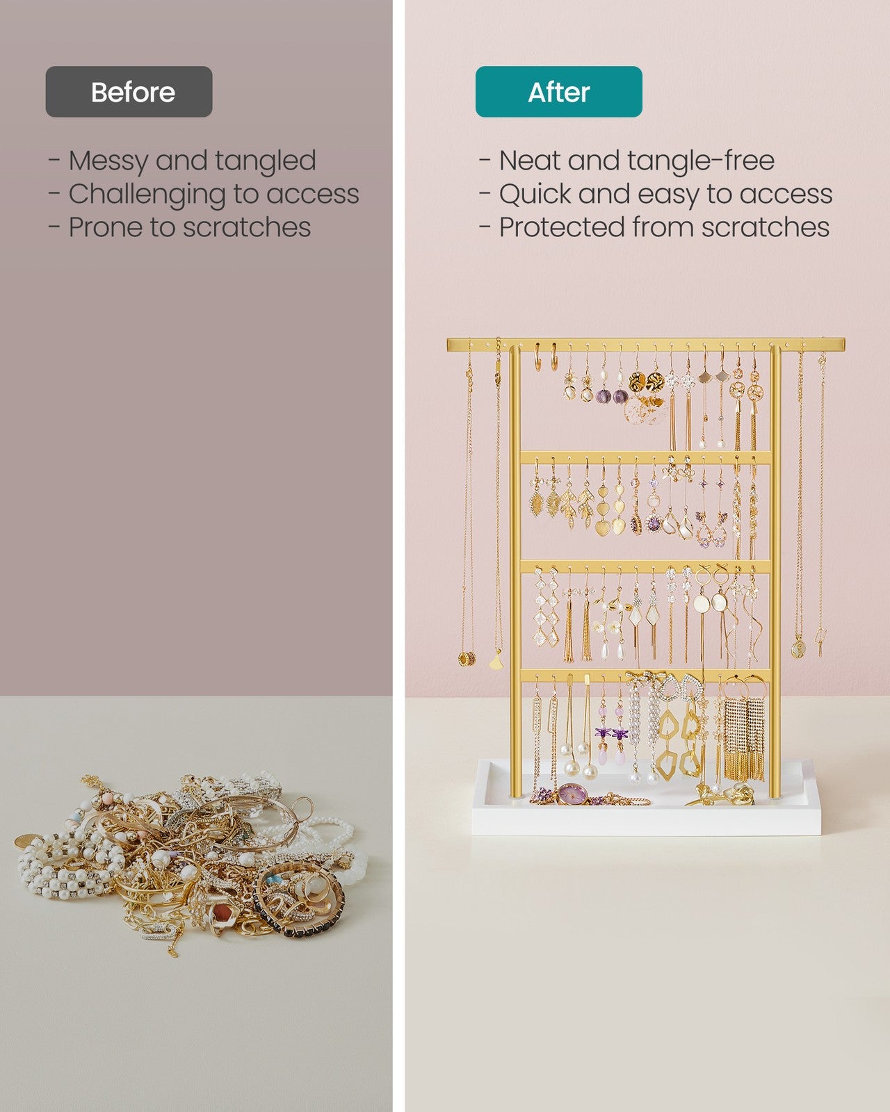 4-Tier Earring Holder Organizer Stand White and Gold Color - White, Gold