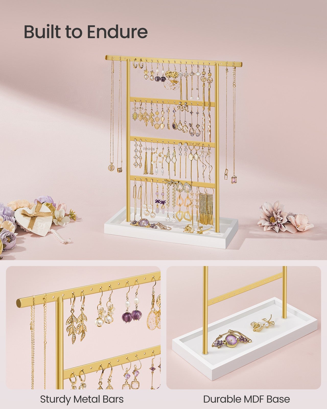 4-Tier Earring Holder Organizer Stand White and Gold Color - White, Gold