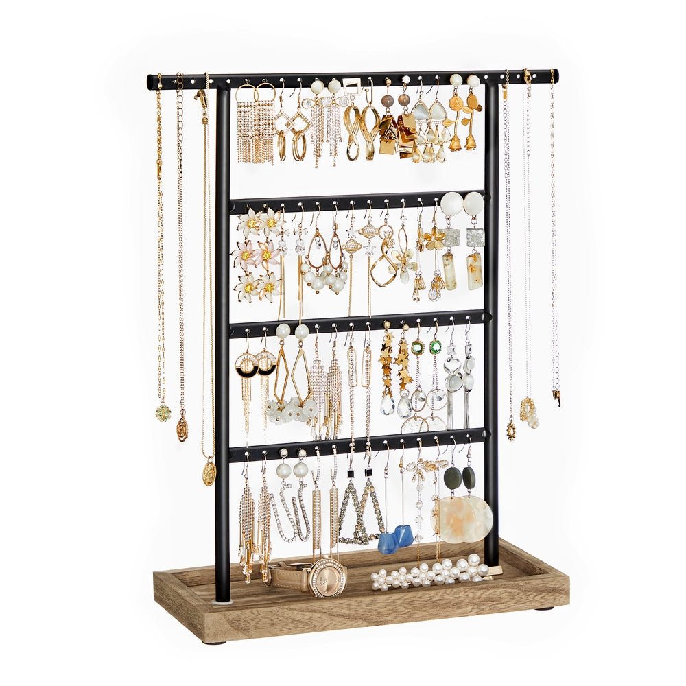 4-Tier Earring Holder Organizer Stand White and Gold Color - Wood Color, Black