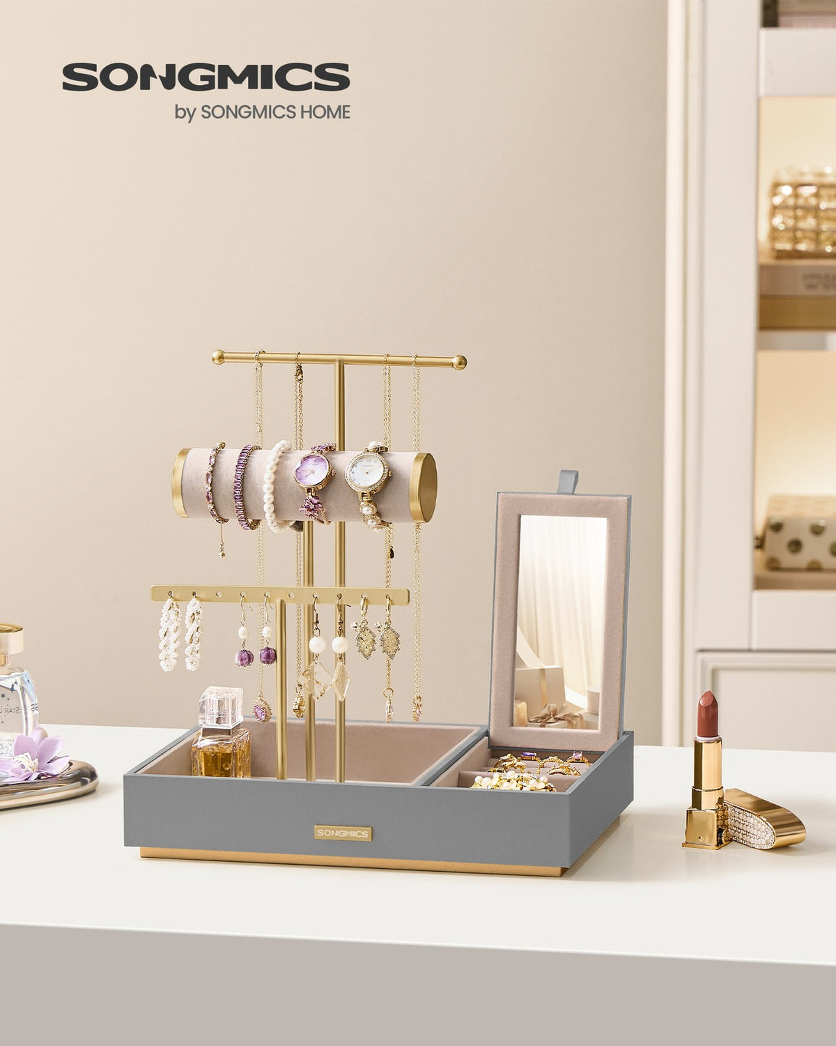 Jewelry Holder - Necklace Earring Bracelet Storage - With Mirror