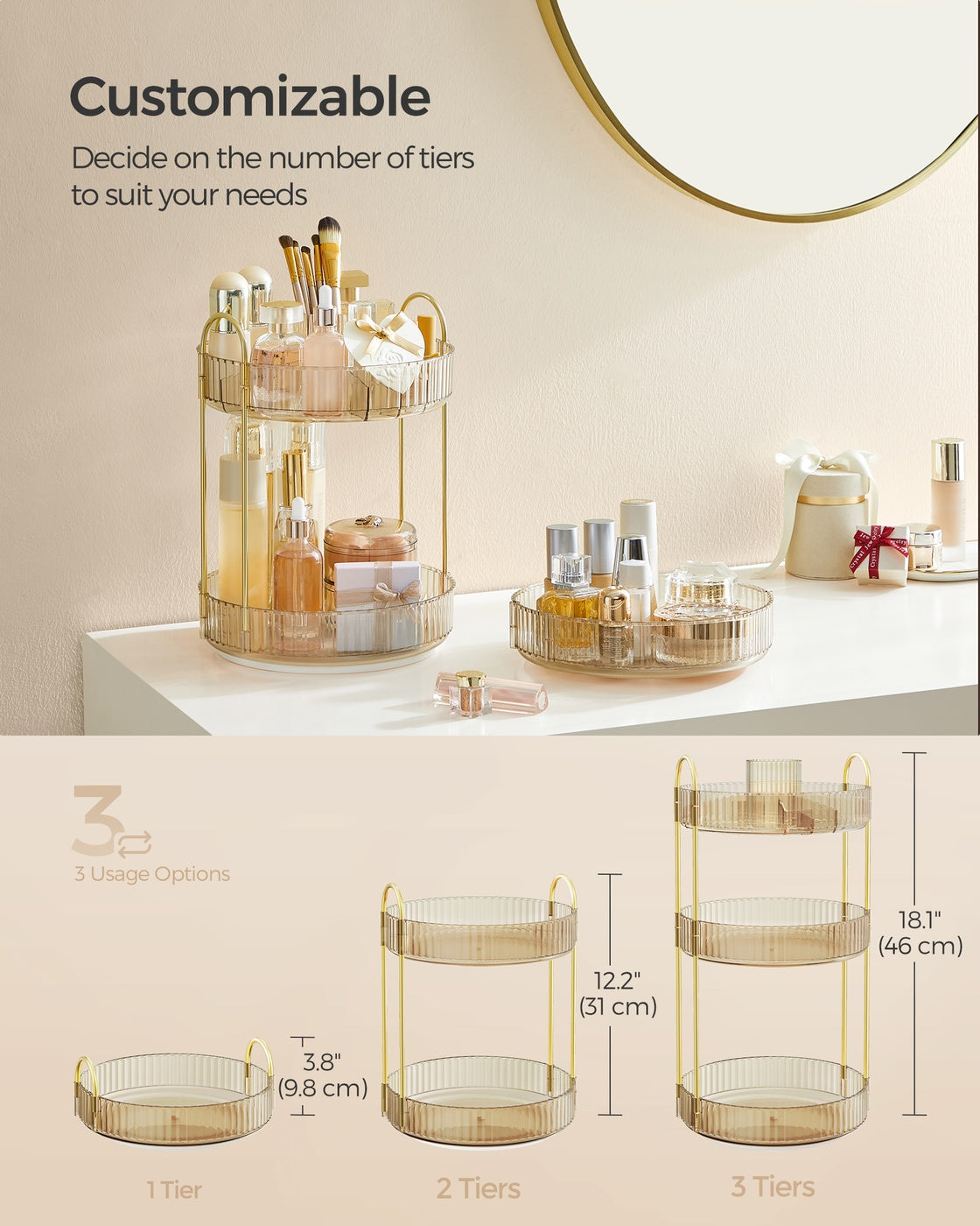 3-Tier Round Rotating Skincare Organizer Countertop Champagne Gold - Champagne Gold