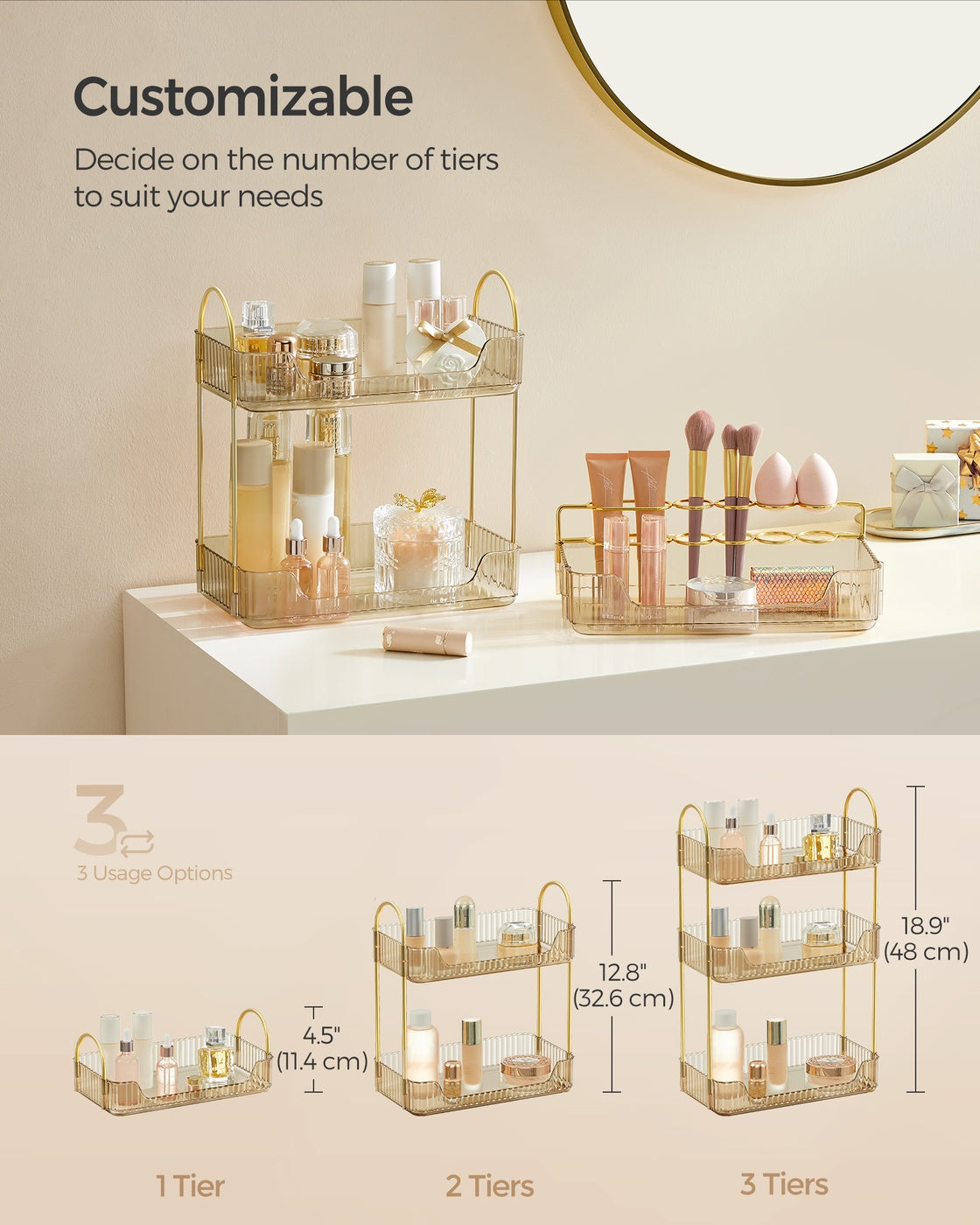 3-Tier Makeup Organizer with 2 Types of Accessories Champagne Gold