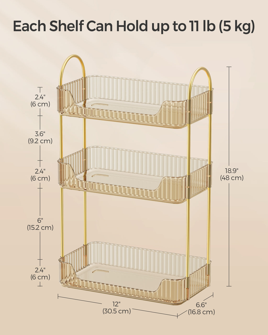 3-Tier Makeup Organizer with 2 Types of Accessories Champagne Gold